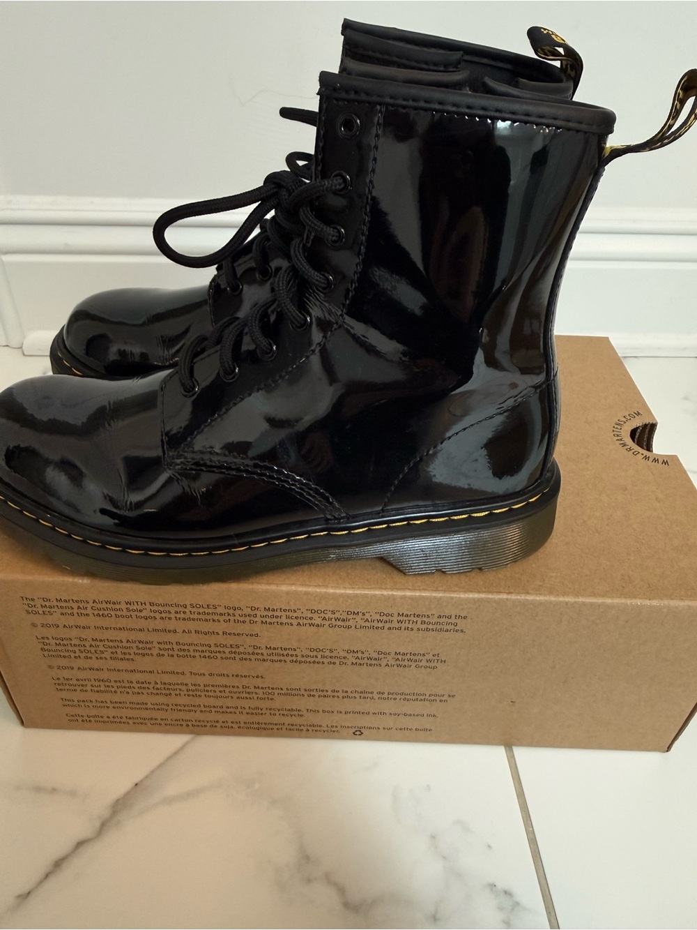 Dr. Martens Black Patent Lace-Up Combat Boots with Yellow Stitching - Picture 3 of 7